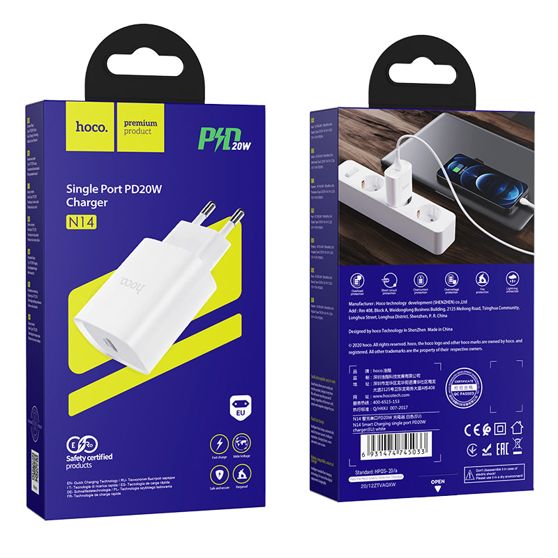 Punjač za mrežu HOCO N14, 20W, 3A, 1 x USB-C, Bijeli