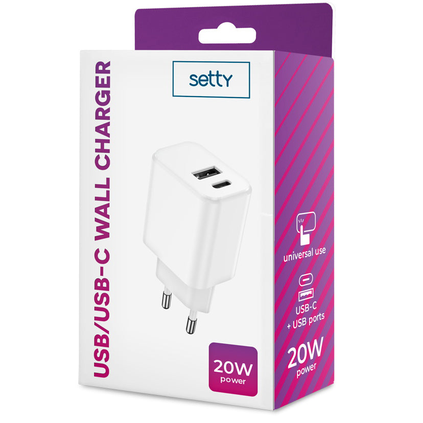 Punjač Setty za mrežu, 20W, 3A, 1 x USB-A - 1 x USB-C, Bijeli
