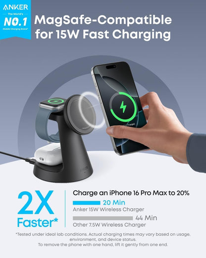 Bežični punjač Anker MagGo 3in1, 15W, 1.67A, Crni B25M4G11