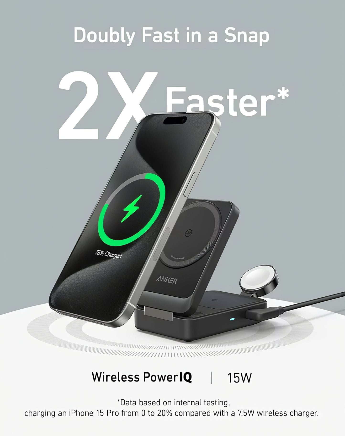 Bežični punjač Anker MagGo 3in1, 15W, 1.67A, Crni, Ponovno zapakiran B2557311