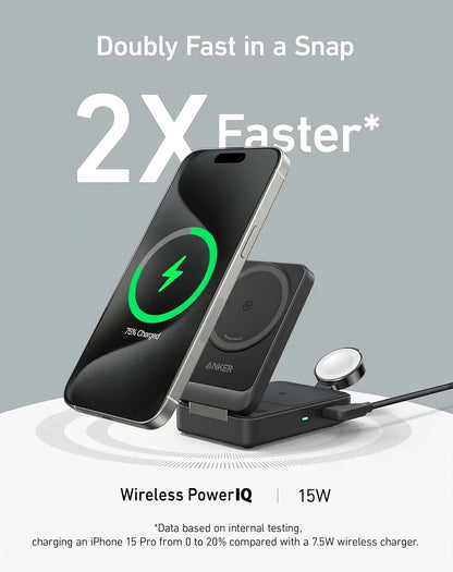 Bežični punjač Anker MagGo 3in1, 15W, 1.67A, Crni, Ponovno zapakiran B2557311