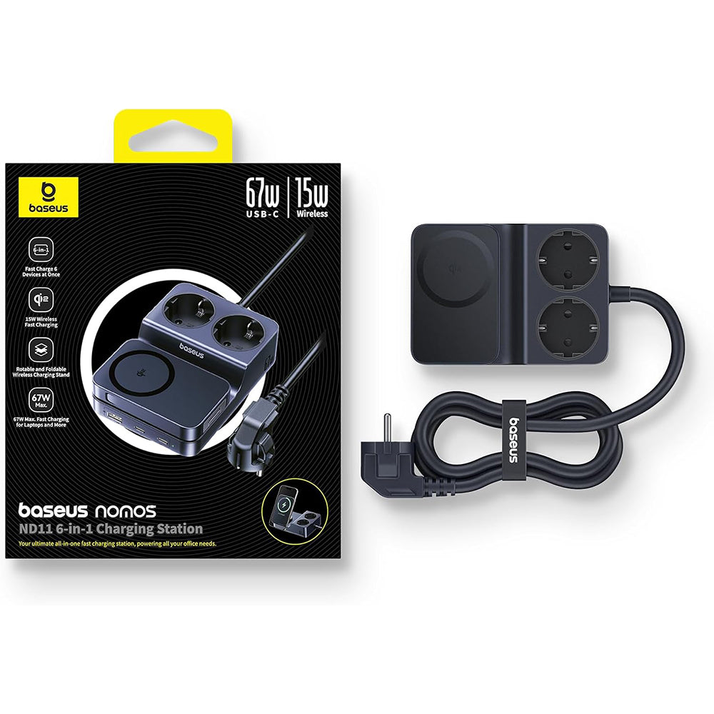 Punjač Stanica Baseus Nomos ND11 QI 6u1, 67W, 3.35A, 1 x USB-A - 2 x USB-C - 2 x Schuko, Crna P80015804213-00
