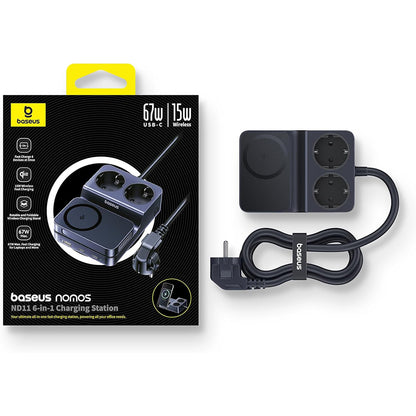 Punjač Stanica Baseus Nomos ND11 QI 6u1, 67W, 3.35A, 1 x USB-A - 2 x USB-C - 2 x Schuko, Crna P80015804213-00