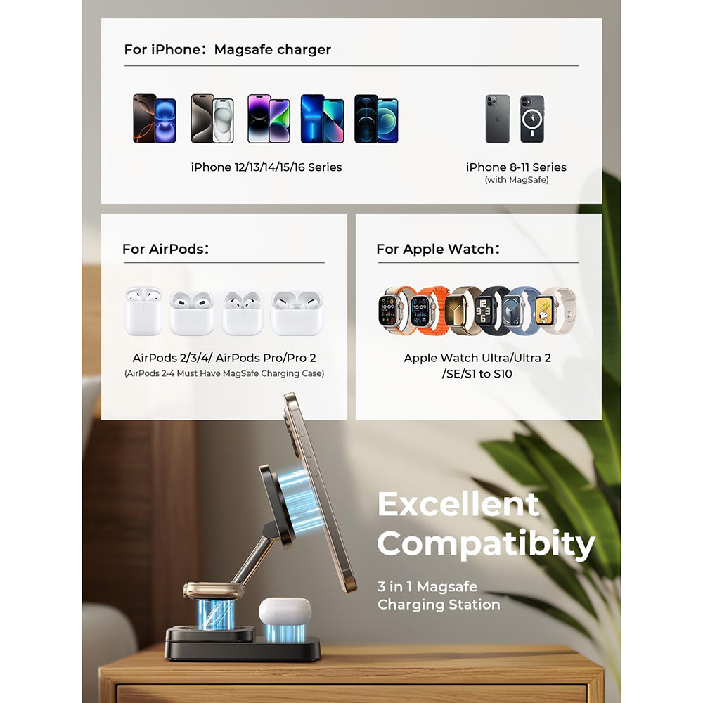 Bežični punjač Lisen 3u1, 15W, 1.67A, Crni YL0424010003