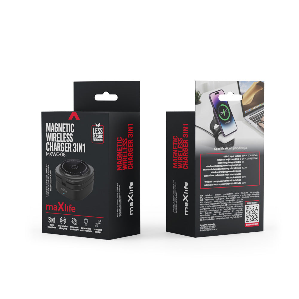 Bežični punjač MaXlife MXWC-06 3u1, 15W, 1.67A, Crni