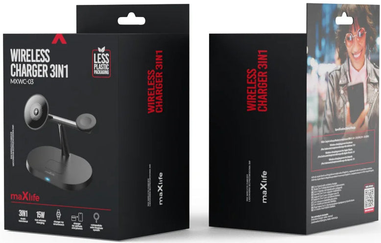 Bežični punjač MaXlife MXWC-03 3u1, 15W, 1.67A, Crni