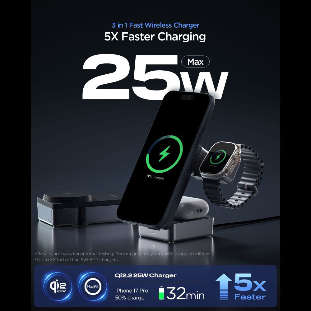 Bežični punjač Spigen EF323MQ Essential 3in1, 25W, Crni ACH10398
