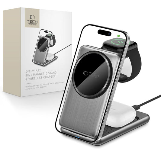 Bežični punjač Tech-Protect A42 3u1, 15W, 1.67A, Sivi