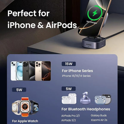 Bežični punjač UGREEN W702 3u1, 20W, 1.67A, 1 x USB-C, Crni