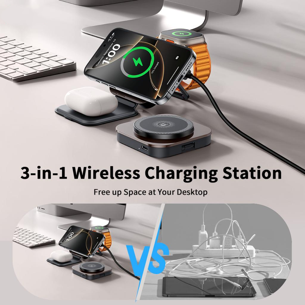 Bežični mrežni punjač XO Design CX035 3u1, 15W, 1.67A, Crni, Obnovljen
