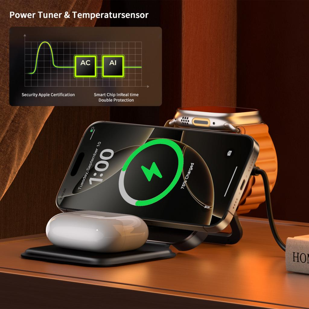 Bežični mrežni punjač XO Design CX035 3u1, 15W, 1.67A, Crni, Obnovljen
