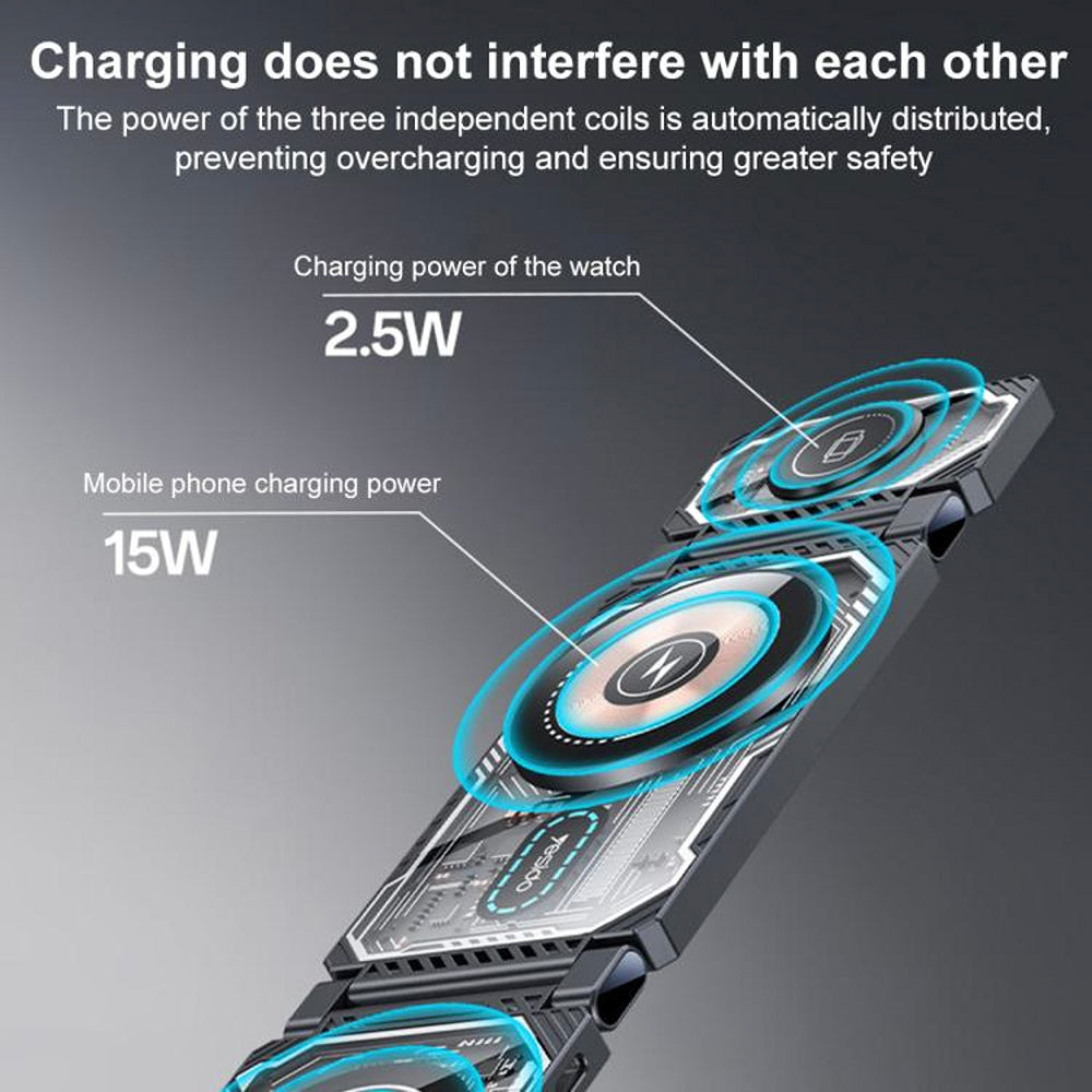 Bežični punjač Yesido DS25 3u1, 15W, 1.67A, Crni