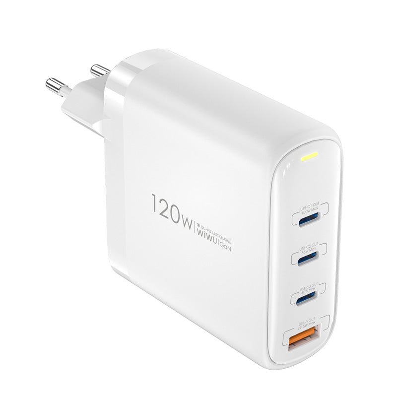 Punjač za mrežu WiWu Wi-U020, 120W, 3A, 1 x USB-A - 3 x USB-C, Bijeli