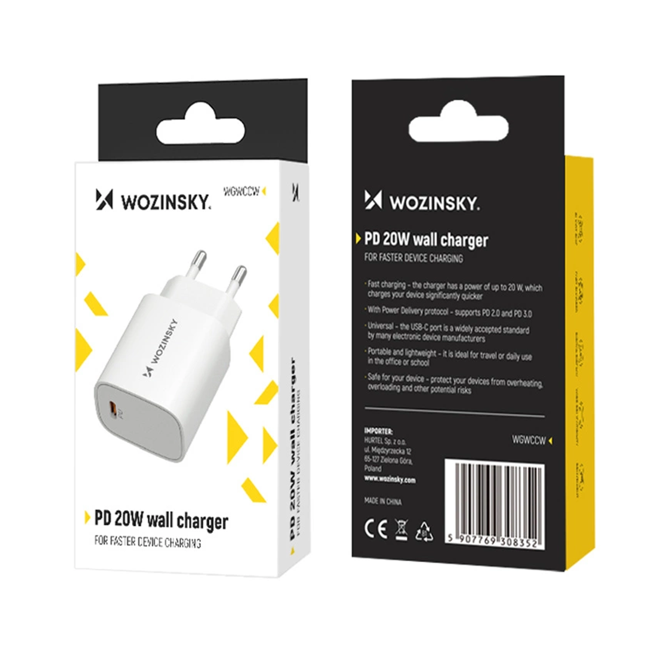 Mrežni punjač WZK WGWCCW, 20W, 3A, 1 x USB-C, Bijela