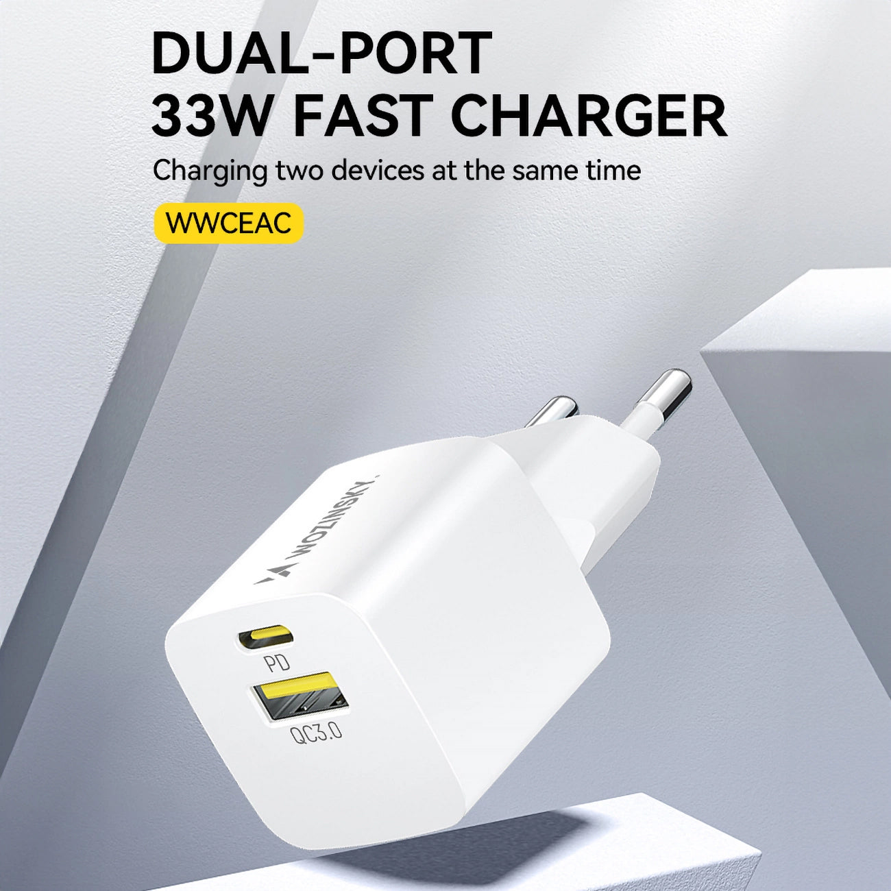 Punjač za mrežu WZK WWCEAC, 33W, 3A, 1 x USB-A - 1 x USB-C, Bijeli