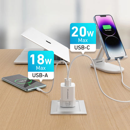 Punjač za mrežu WZK WWCEAC, 33W, 3A, 1 x USB-A - 1 x USB-C, Bijeli