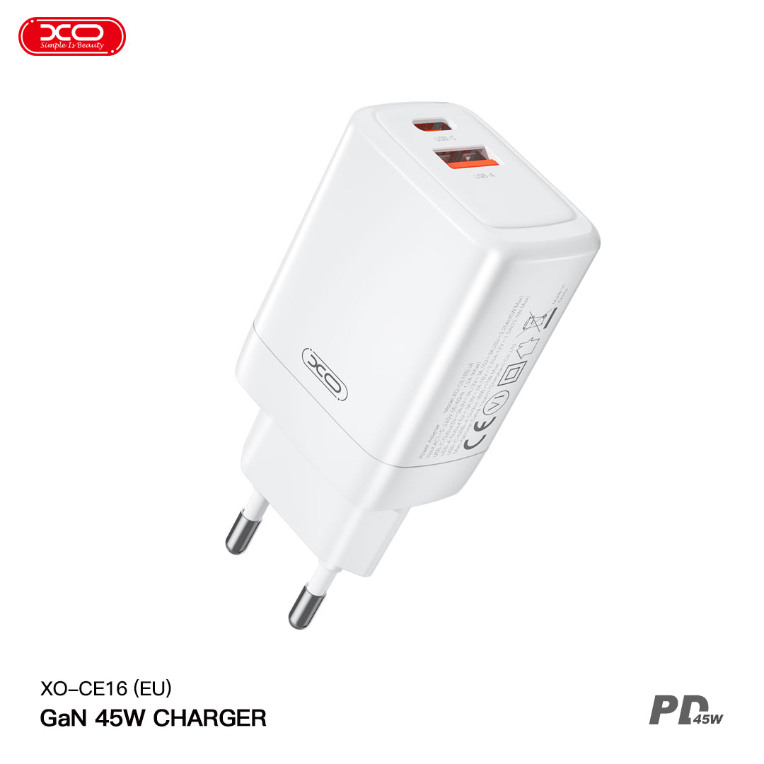 Mrežni punjač XO Design CE16, 45W, 3A, 1 x USB-A - 1 x USB-C, Bijeli