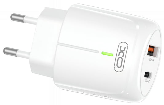 Punjač mreže XO Design L114, 20W, 3A, 1 x USB-A - 1 x USB-C, Bijeli