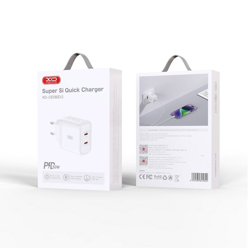 Mrežni punjač XO Design CE08, 50W, 3A, 2 x USB-C, Bijeli