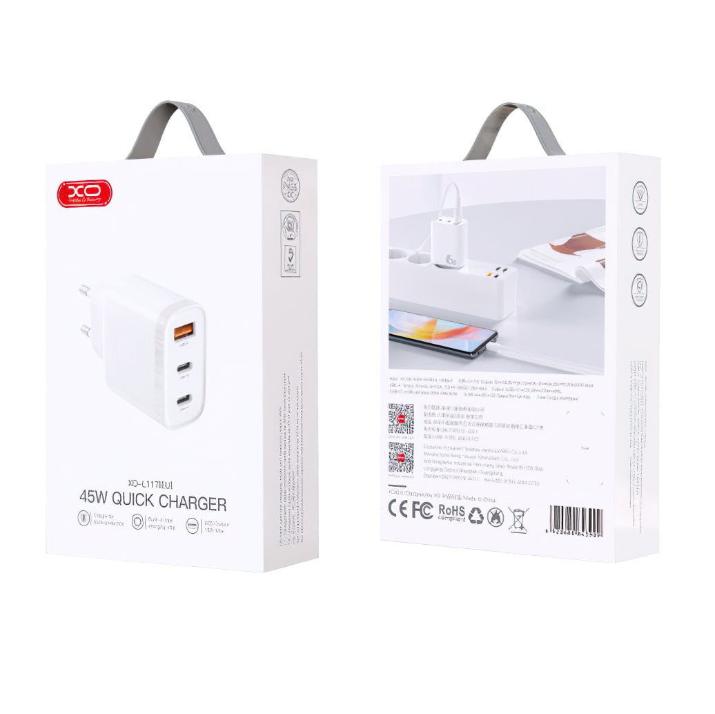 Punjač za mrežu XO Design L117, 45W, 3A, 1 x USB-A - 2 x USB-C, Bijeli