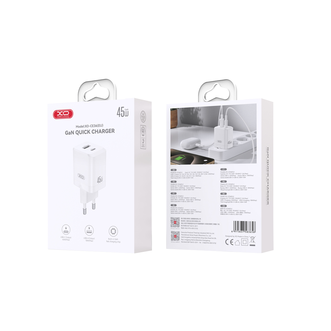Punjač mreže XO Design CE36, 45W, 3A, 1 x USB-A - 1 x USB-C, Bijeli