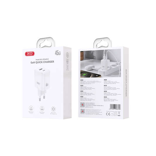 Punjač mreže XO Design CE36, 45W, 3A, 1 x USB-A - 1 x USB-C, Bijeli