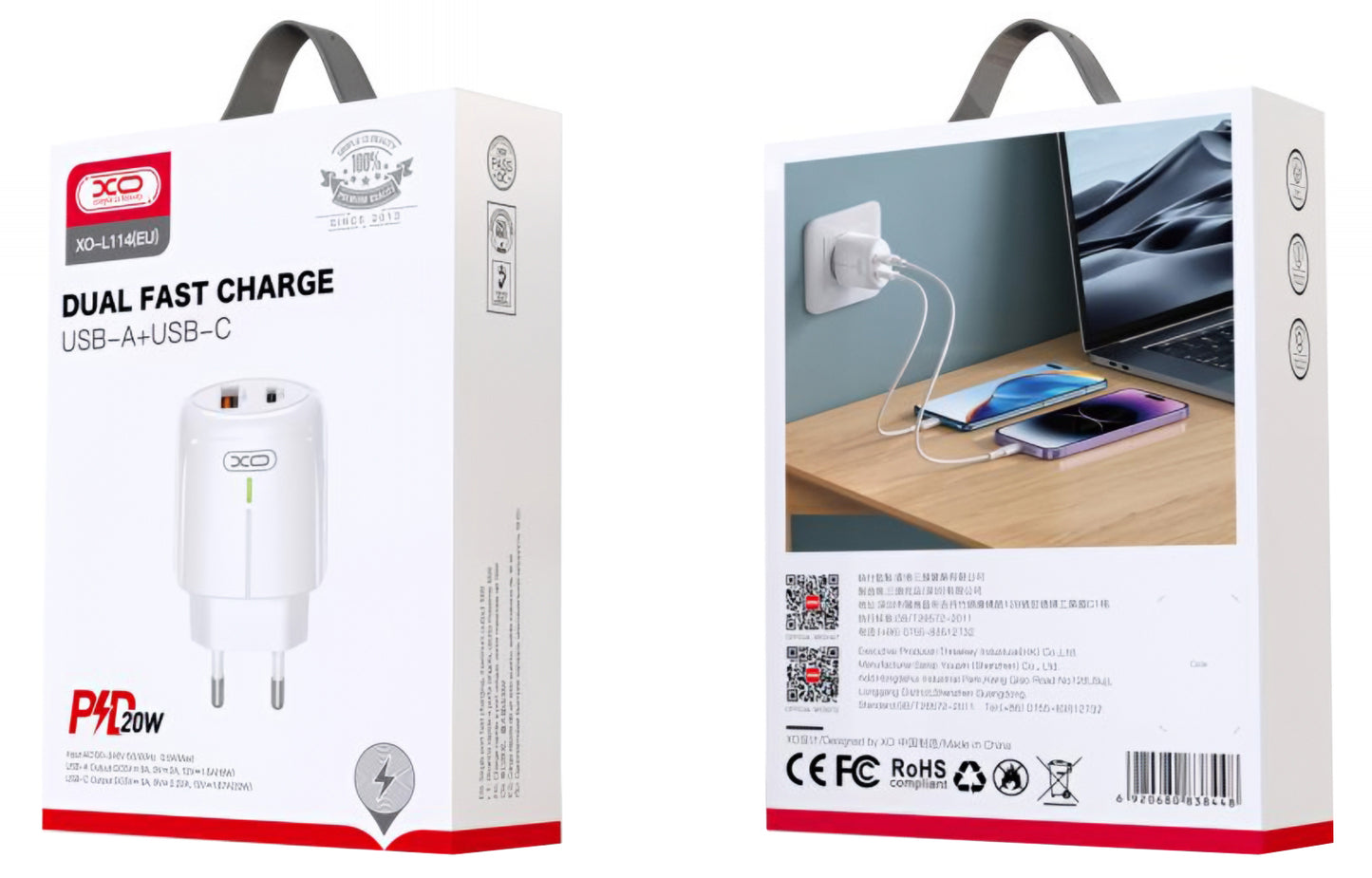 Punjač mreže XO Design L114, 20W, 3A, 1 x USB-A - 1 x USB-C, Bijeli