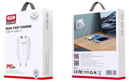 Punjač mreže XO Design L114, 20W, 3A, 1 x USB-A - 1 x USB-C, Bijeli