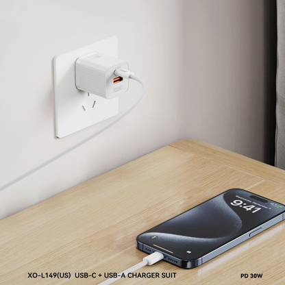 Punjač za mrežu XO Design L149, 30W, 3A, 1 x USB-A - 1 x USB-C, Bijela