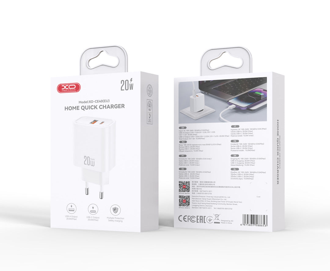 Punjač za mrežu XO Design CE40, 20W, 3A, 1 x USB-A - 1 x USB-C, Bijela