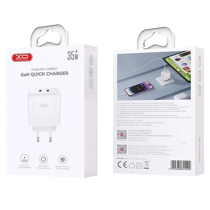 Punjač za mrežu XO Design L140, 35W, 3A, 2 x USB-C, Bijeli