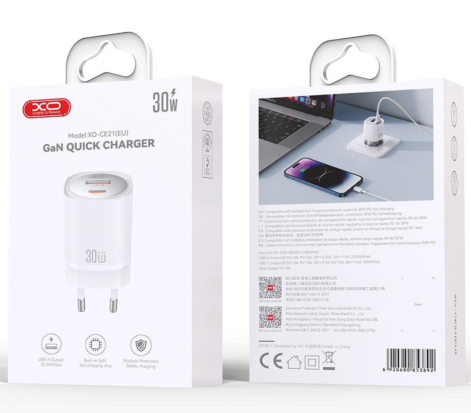 Punjač mreže XO Design CE21, 30W, 3A, 1 x USB-A - 1 x USB-C, Bijeli