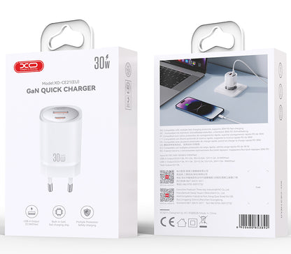 Punjač mreže XO Design CE21, 30W, 3A, 1 x USB-A - 1 x USB-C, Bijeli