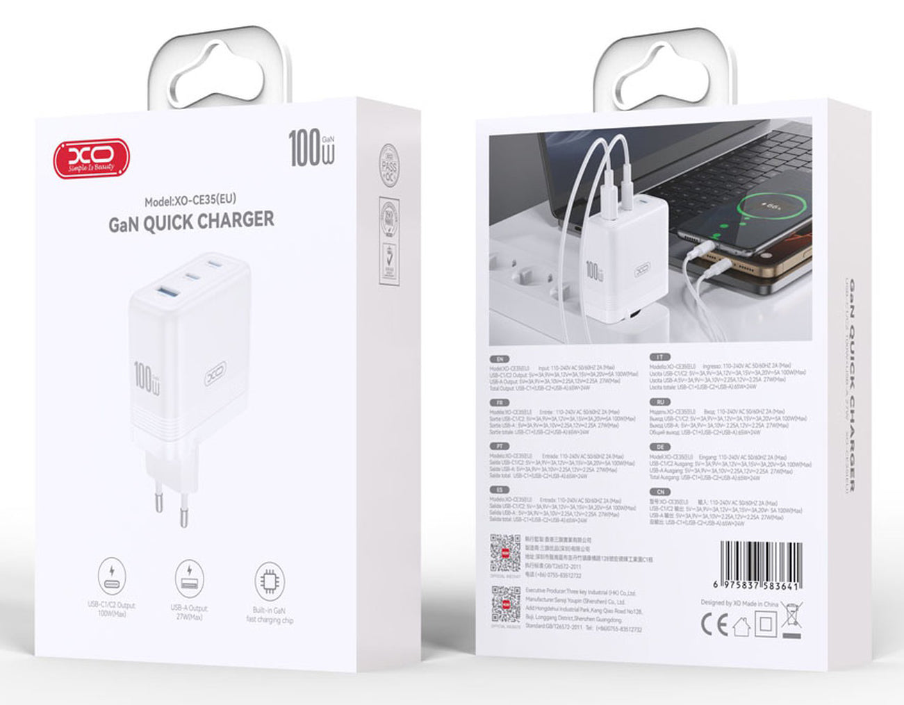 Punjač mreže XO Design CE35, 100W, 5A, 1 x USB-A - 2 x USB-C, Bijeli