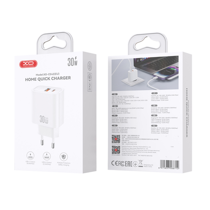 Punjač Mreže XO Design CE42, 30W, 3A, 1 x USB-A - 1 x USB-C, Bijela