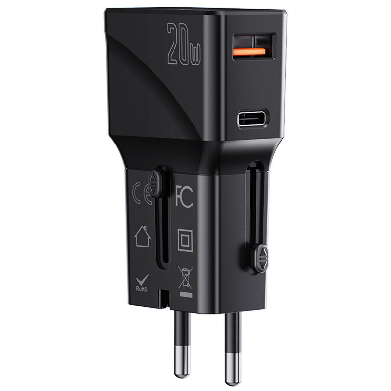 Punjač za putovanja Yesido MC17, 20W, 3A, 1 x USB-A - 1 x USB-C, Crni