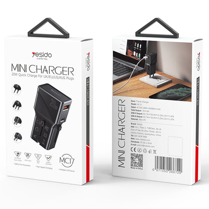 Punjač za putovanja Yesido MC17, 20W, 3A, 1 x USB-A - 1 x USB-C, Crni