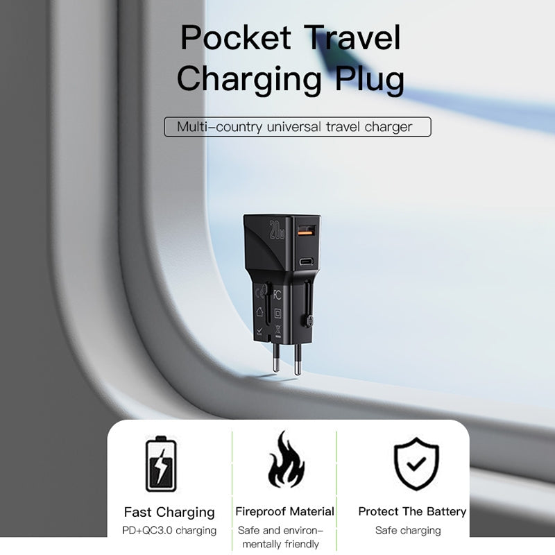 Punjač za putovanja Yesido MC17, 20W, 3A, 1 x USB-A - 1 x USB-C, Crni