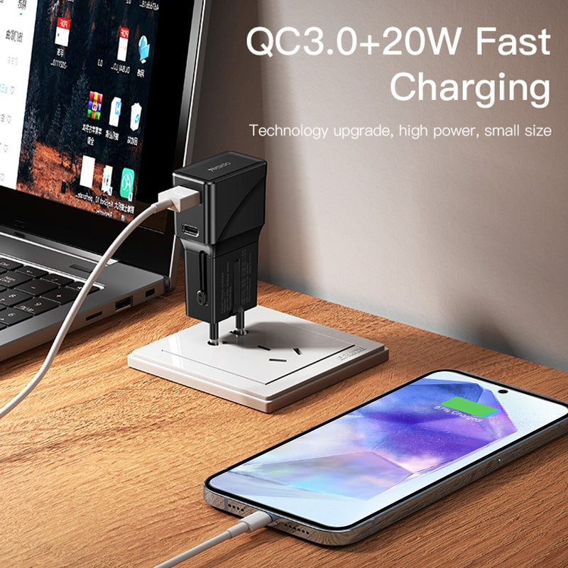 Punjač za putovanja Yesido MC17, 20W, 3A, 1 x USB-A - 1 x USB-C, Crni