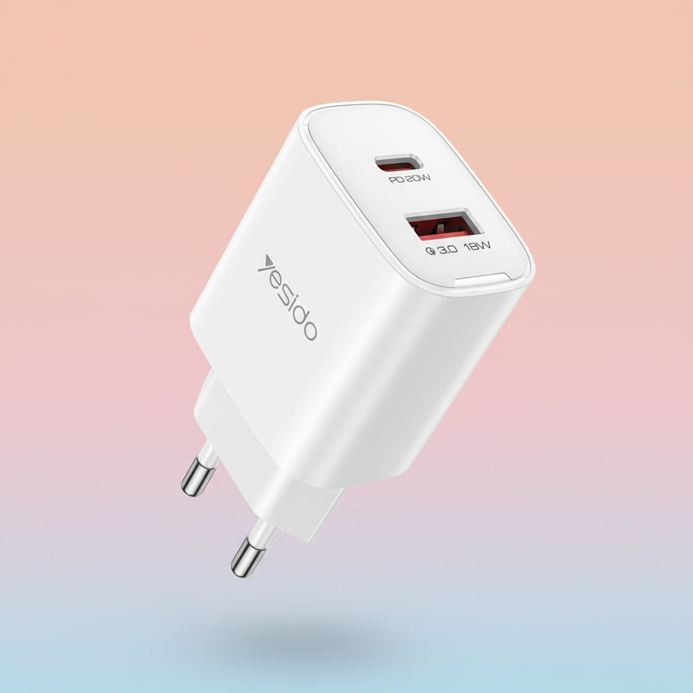 Punjač za mrežu Yesido YC02E, 20W, 3A, 1 x USB-A - 1 x USB-C, Bijeli