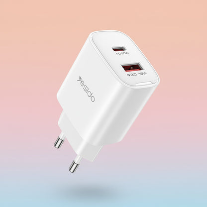 Punjač za mrežu Yesido YC02E, 20W, 3A, 1 x USB-A - 1 x USB-C, Bijeli