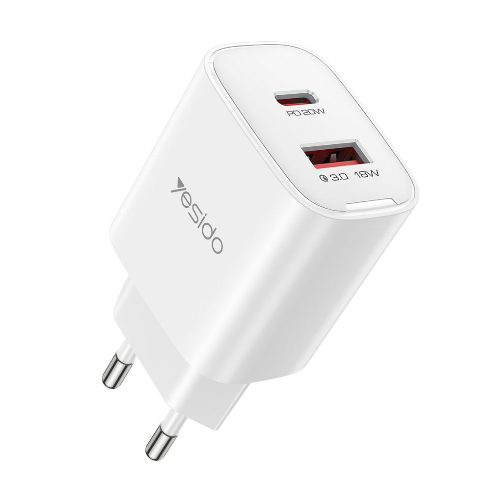 Punjač za mrežu Yesido YC02E, 20W, 3A, 1 x USB-A - 1 x USB-C, Bijeli