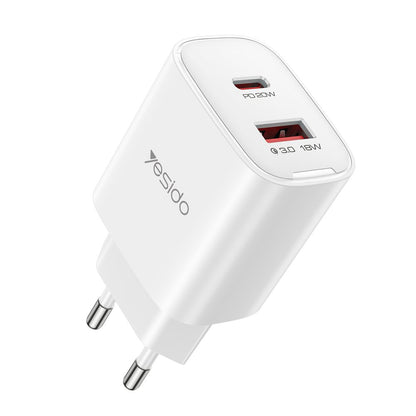 Punjač za mrežu Yesido YC02E, 20W, 3A, 1 x USB-A - 1 x USB-C, Bijeli