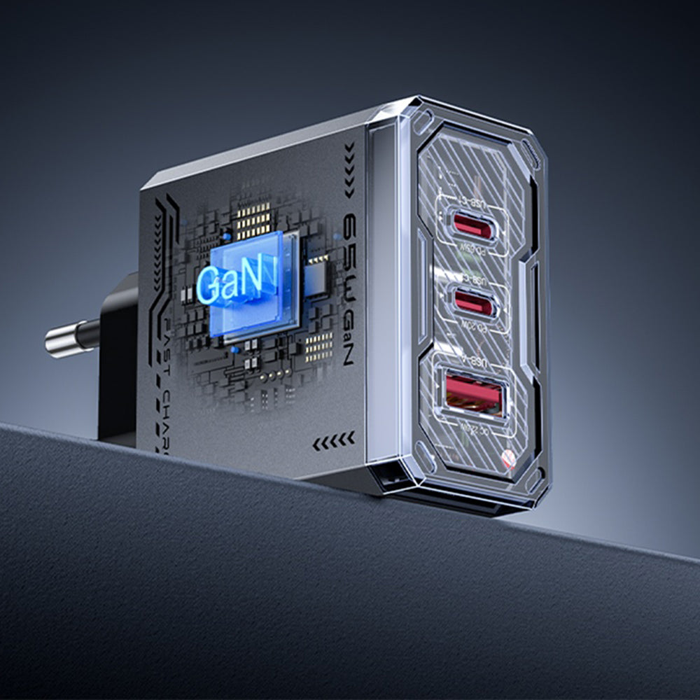 Punjač za mrežu Yesido YC101, 65W, 3.25A, 1 x USB-A - 2 x USB-C, Crni