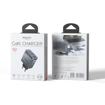 Punjač za mrežu Yesido YC101, 65W, 3.25A, 1 x USB-A - 2 x USB-C, Crni