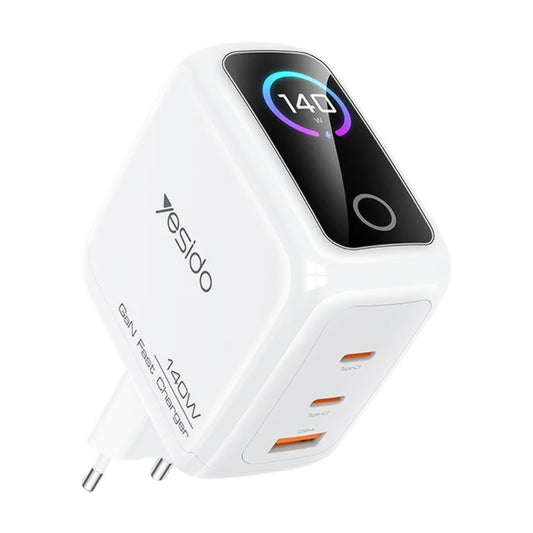 Punjač za mrežu Yesido YC114 Display, 140W, 5A, 1 x USB-A - 2 x USB-C, Bijeli