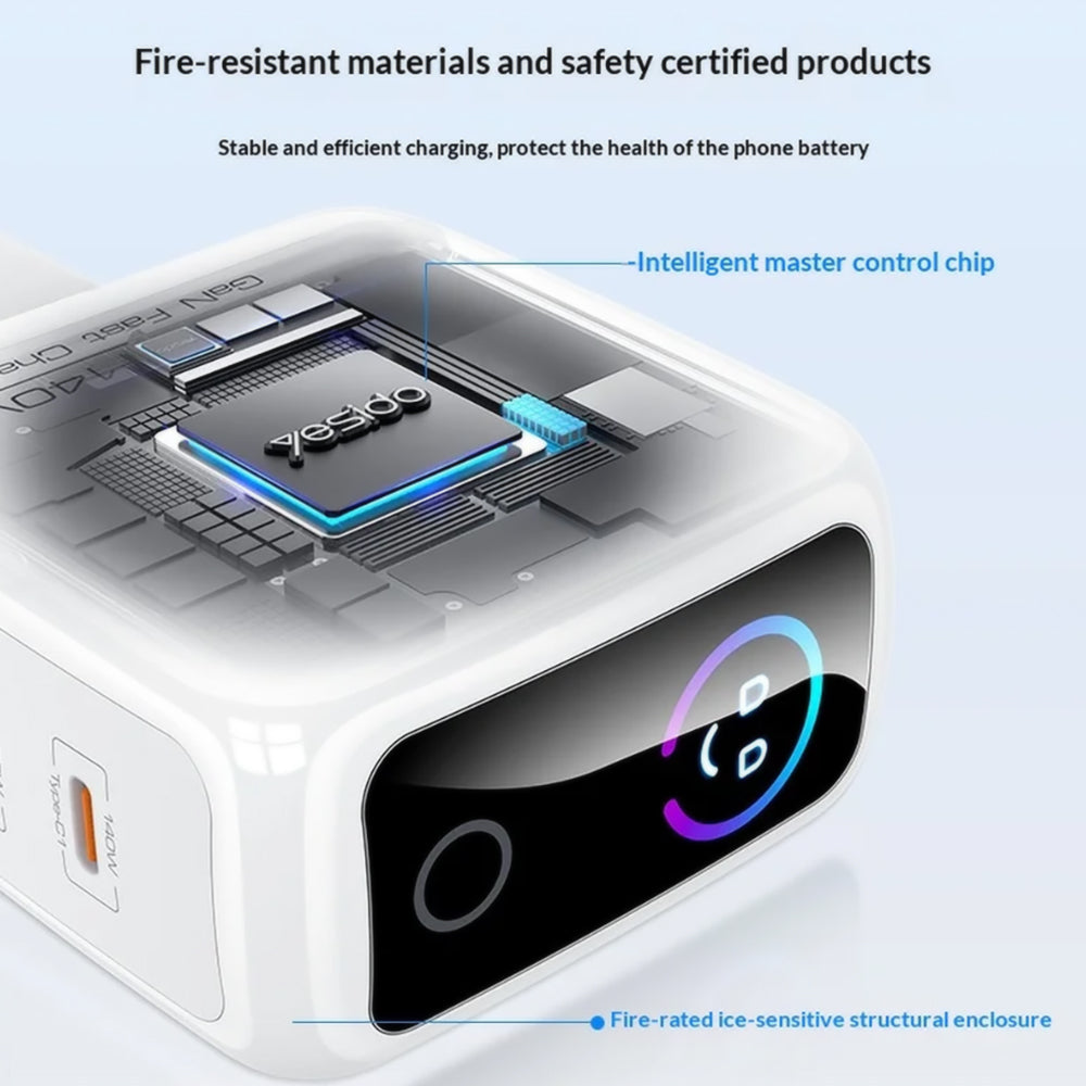 Punjač za mrežu Yesido YC114 Display, 140W, 5A, 1 x USB-A - 2 x USB-C, Bijeli