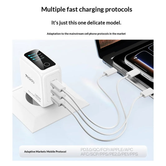 Punjač za mrežu Yesido YC114 Display, 140W, 5A, 1 x USB-A - 2 x USB-C, Bijeli