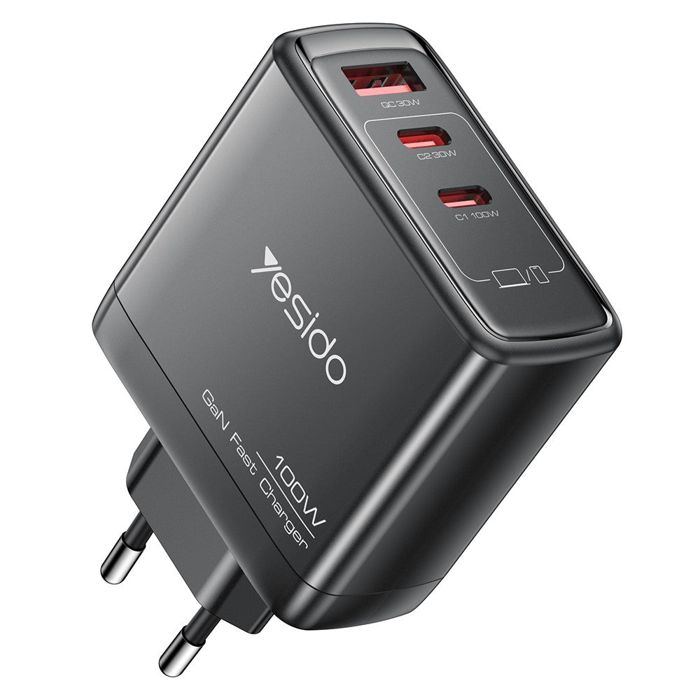 Punjač mreže Yesido YC142, 100W, 5A, 1 x USB-A - 2 x USB-C, Crni