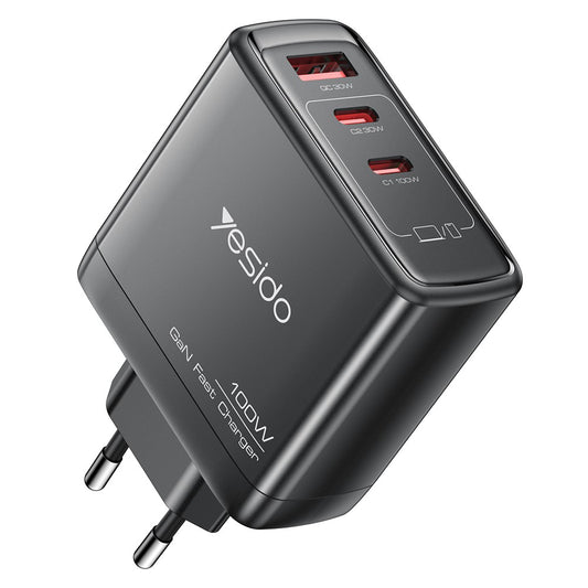 Punjač mreže Yesido YC142, 100W, 5A, 1 x USB-A - 2 x USB-C, Crni